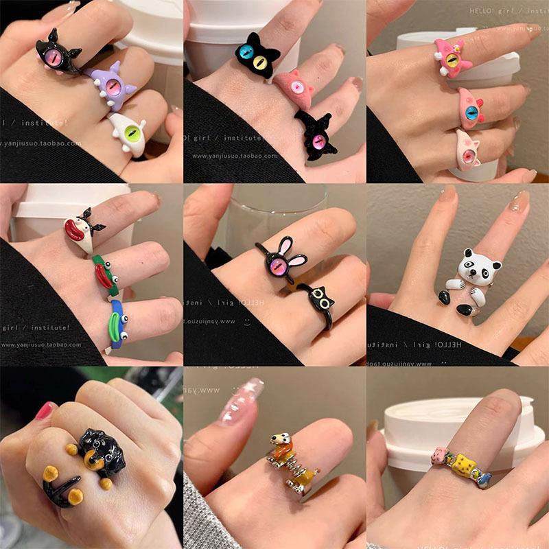 Morsom Liten Monsterring Store Øyne Pølsemunn Pekefingerring Søt Kul Tegneserie Søt Kjæreste Parring Smykker