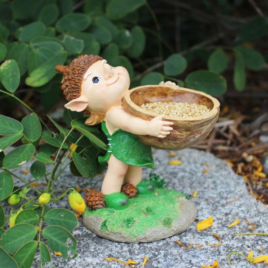 Forest Elf Bird Feeder Resin Elf Figurine with Walnut Bowl Wild Bird Feeding Bowl Garden Statue for Courtyard Outdoor Decor