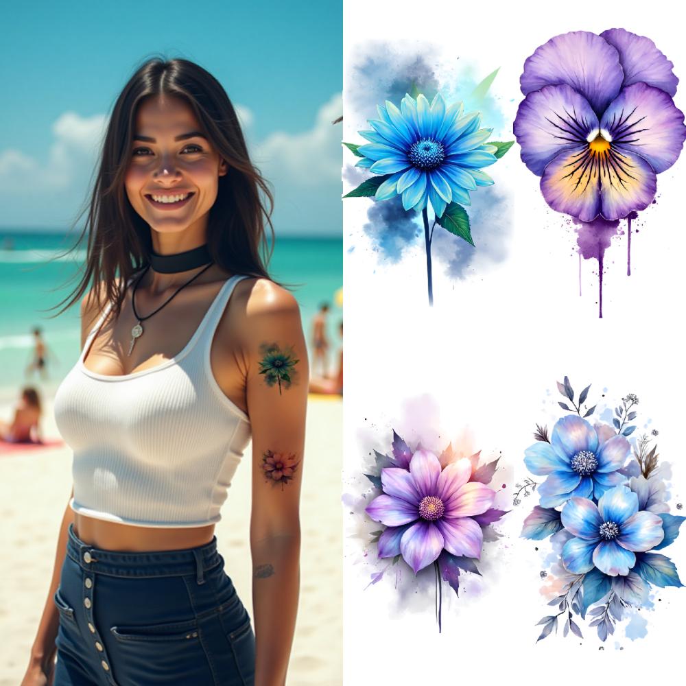 9 Stück Temporäre Tattoos Temporäre Tattoo-Aufkleber Blaue Blumen Schmetterling Rose Für Mädchen Damen Brust