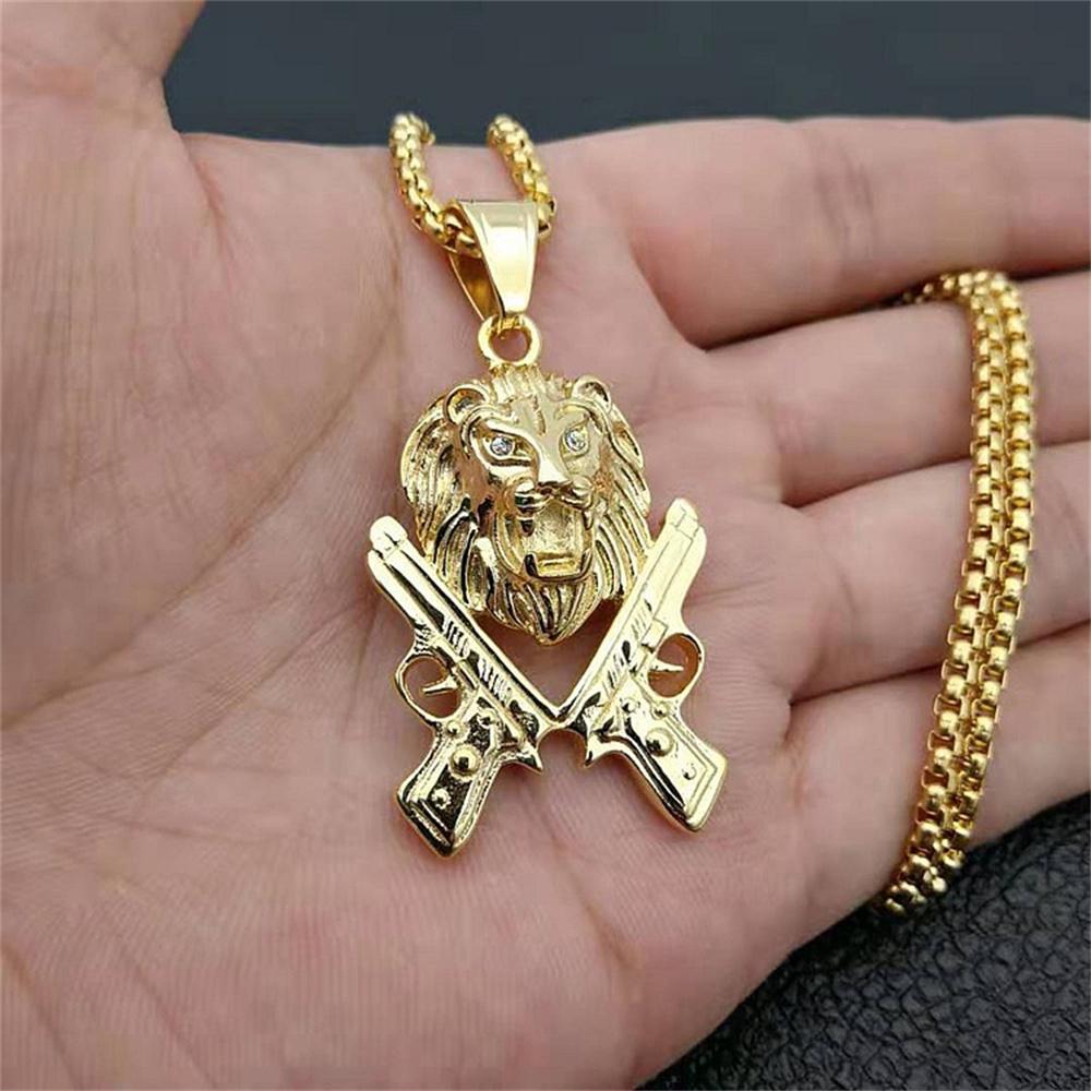 Punk Gun Lion Head Pendant Gold Color Stainless Steel Rapper Animal Necklace For Men Cool  Party Jewelry Male Gift 2025