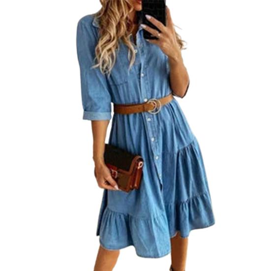 Denim Dress Three Quarter Sleeve Turn-down Collar Buttons Ruffle Denim Dress for Work