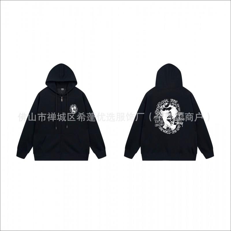 Hooded Zip-Up Sweatshirt Men Women Letter Print Loose Fit Casual Streetwear