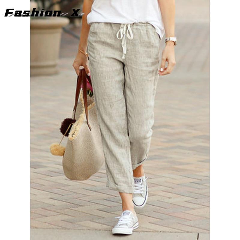 Fashion Women's Pants Cotton Linen Pants Drawstring Loose Large Size Pants Ladies Black Bottom Pants 695