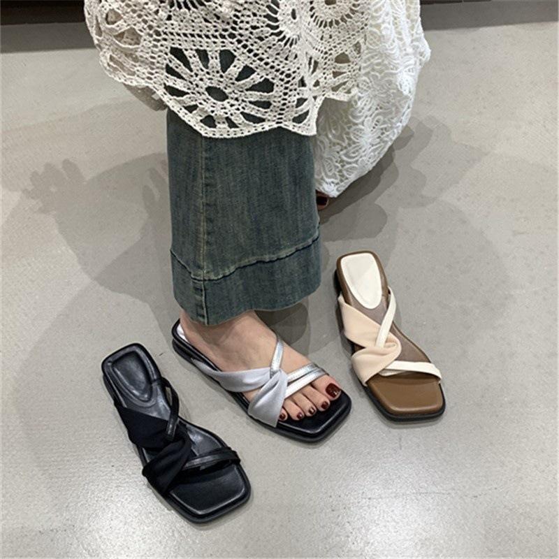 Silver with skirt thick heel cool slippers women's niche one-word with open-toed thick-soled half-slippers