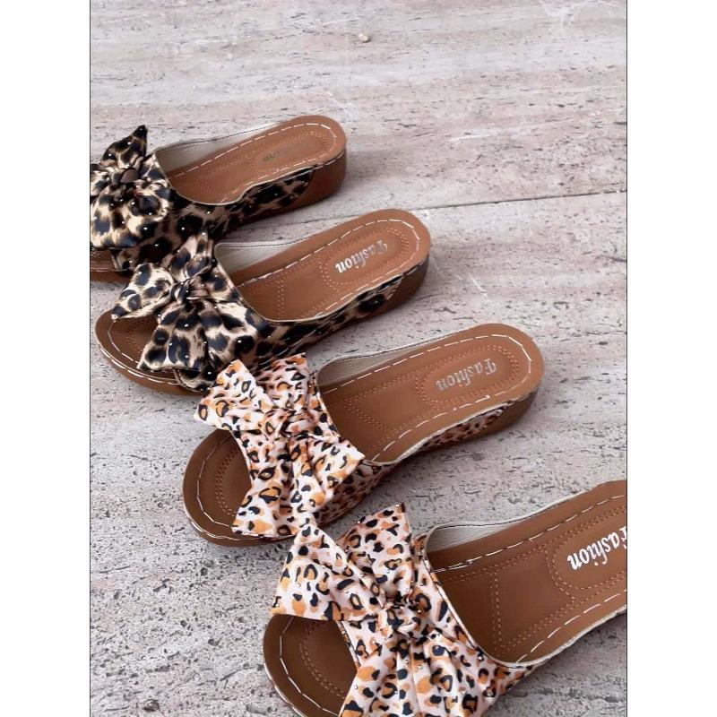 Women'S Fashion Leopard Print Wedge Sandals with Polka Dot Bow Detail - Open Toe, Slip-On, Mid-Heel Platform, Casual Summer Style