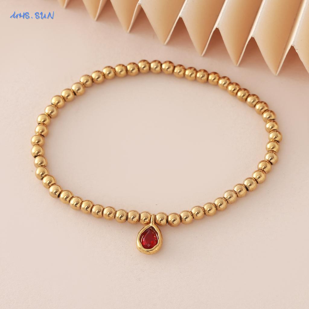 MHS.SUN Stainless Steel Gold Plated 12 Months Birthstone Beaded Bracelets For Women Men Zircon Water Droplet Charm Trend Jewelry