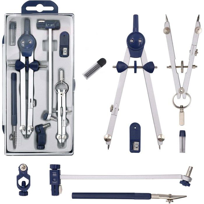 Lot de compas - AIMOONSA - 5 accessoires - Acier inoxydable - Porte‑mine 2 mm - Boîte incassable