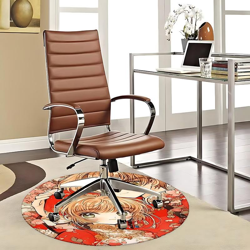 1pc Anime Design Round Carpet Floral Print Chair Mat for Office, Home Decor, Living Room, Bedroom
