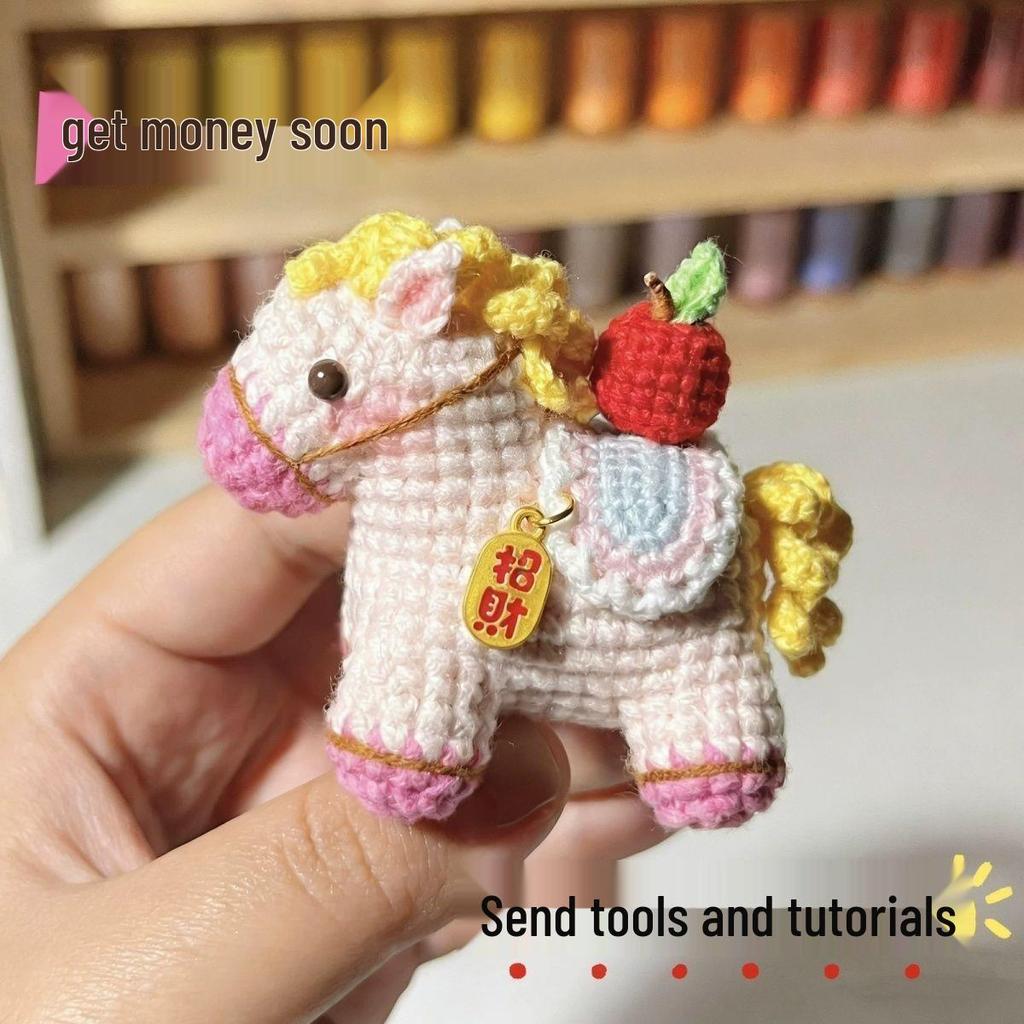 Handmade DIY Crochet Horse Keychain Pendant - Wooden Horse Doll Yarn Kit