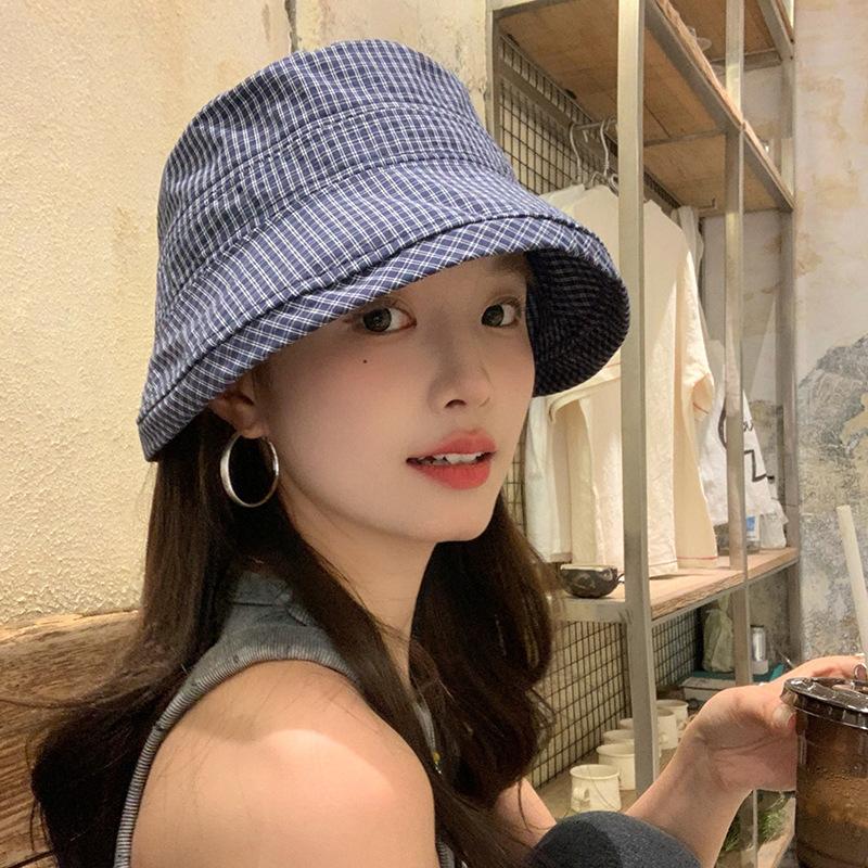 Fisherman'S Hat Japanese Plaid Women'S Bow Summer Versatile Large Brim Sun Protection Hat Sunshade Basin Hat