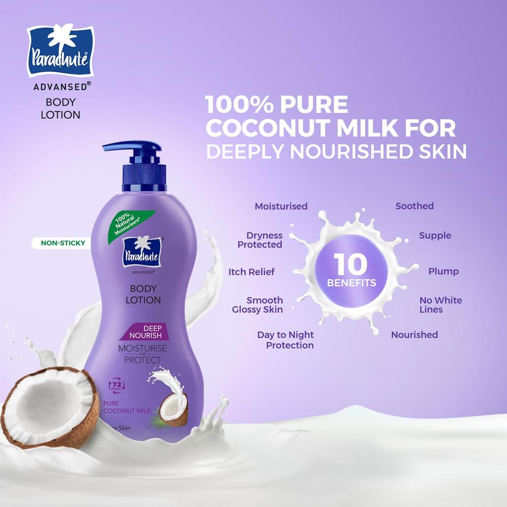 Parachute Deep Nourish Body Lotion For Dry Skin 600ml | Long-Lasting Moisture | Fast Absorbing Non-Sticky Glow Lotion For Men & Women