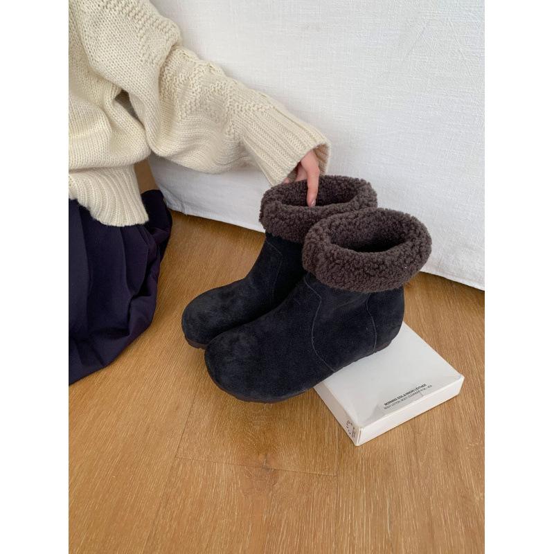 First Layer Cowhide Snow Boots Women's Round Head Flat Bottom Cashmere Blended Medium Boots Retro Matte Leather Sleeve Cotton Shoes