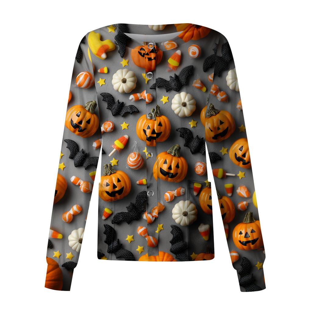 Women's Casual Long Sleeve Button Down Halloween Print Top for Costume Wear