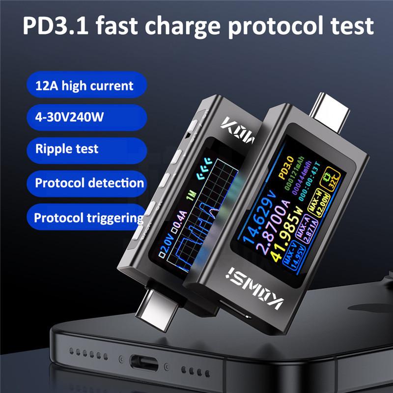 KWS-X1 Digital Voltmeter 3.3-36V 0-12A Type-C Current Voltage Monitor 240W USB Tester Fast Charging Trigger Meter HD IPS Display