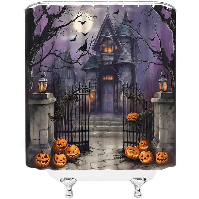 Halloween Shower Curtain Scary Night Full Moon Black Dead Tree Gothic Haunted House Castle Pumpkin Courtyard Door Happy Halloween Bathroom Decor