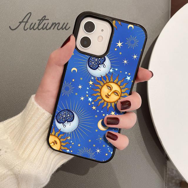 Blue Sun and Moon Phone Case for iPhone 11 12 13 14 Pro Max Mini X XR XS SE 2020 6S 7 8 Plus Samsung Galaxy S21 S22 Cover Shell