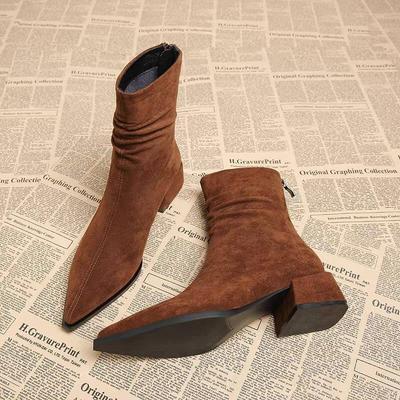 Nye dame ankelstøvletter med spiss tå Høyhælte Sexy Chunky Designer Chelsea Boots Elegante Lave Hæler Korte Booties