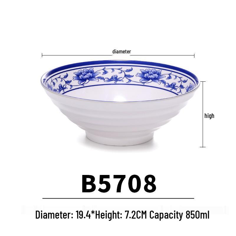 Blue & White Melamine Noodle Bowl: Imitation Porcelain Tableware for Ramen, Soup, Wonton, or Beef Noodles in Noodle Shops
