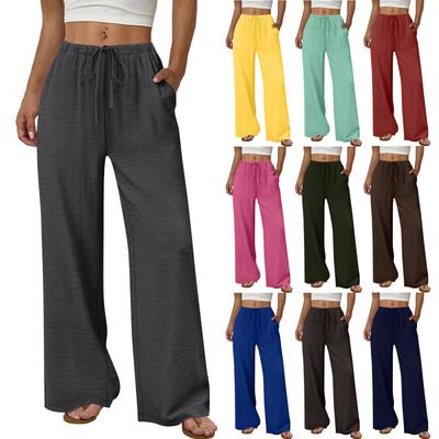 Women's Fashion Wide-Leg Trousers With Drawstring Elastic Waistband And Pockets Relaxed-Fit Casual Trousers