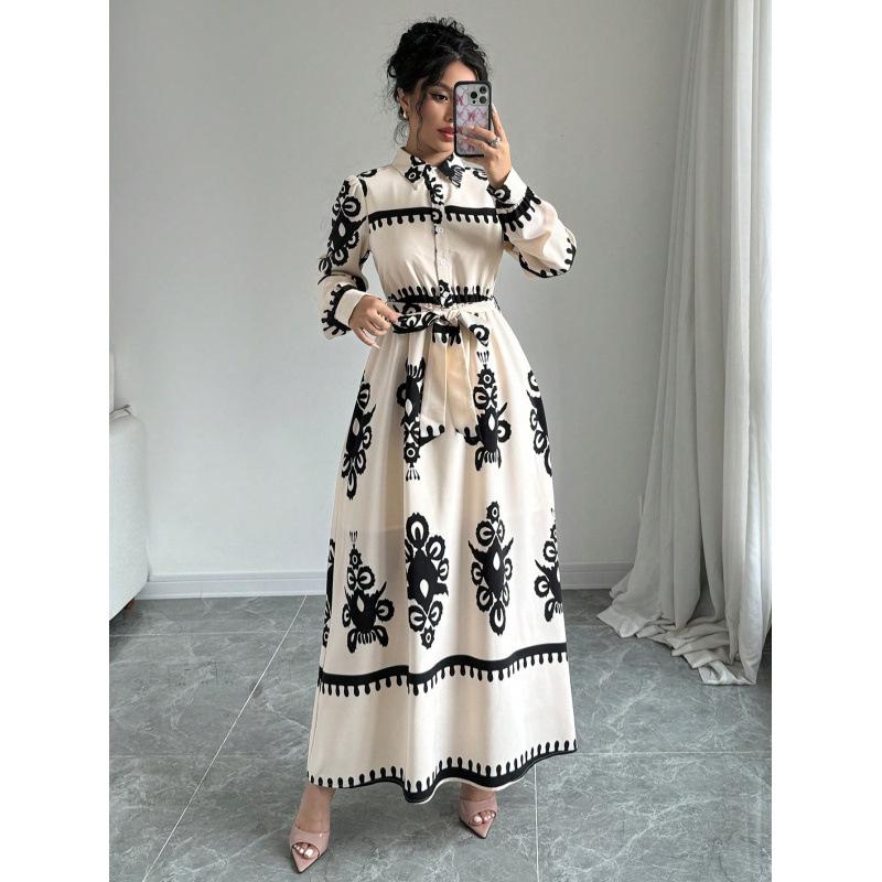 2025 Autumn/Winter European & American Print Lace-Up Long Sleeve Dress