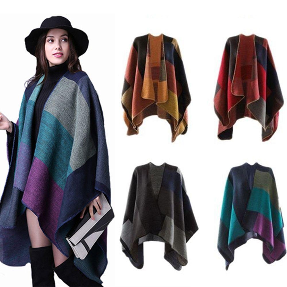 Soft New Women Cashmere Scarf Blanket Cloak Patchwork Plaid Poncho Wrap Shawl