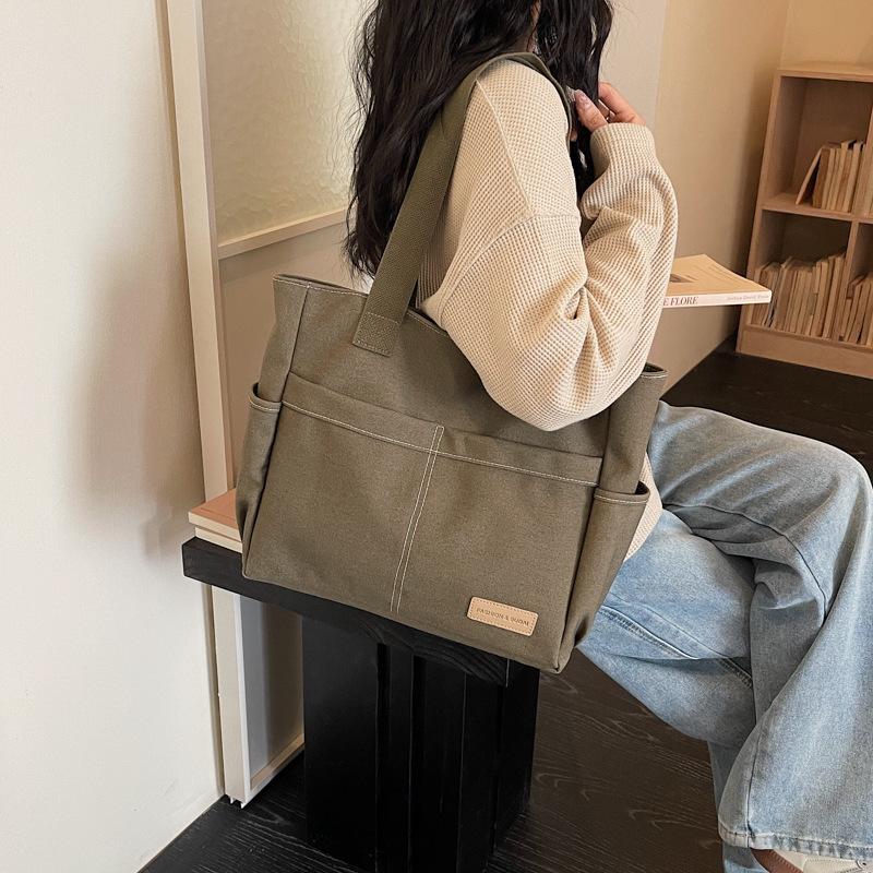 Retro Multi-Pocket Canvas Tote - Large Capacity Korean Style Shoulder Bag for Women