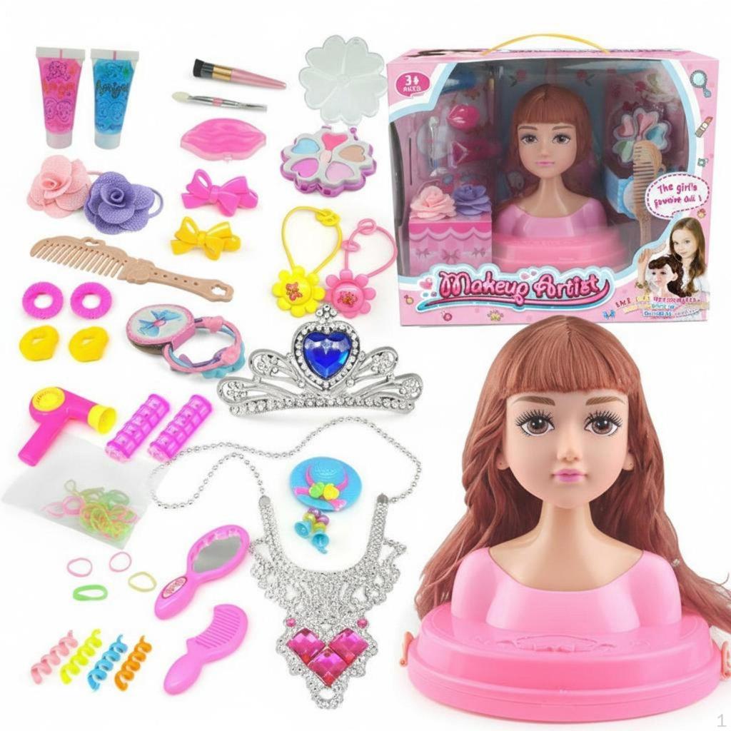 Makeup Doll Head Kit Gift Box Packaging Hairstyling Pretend Play for Children, Aspiring