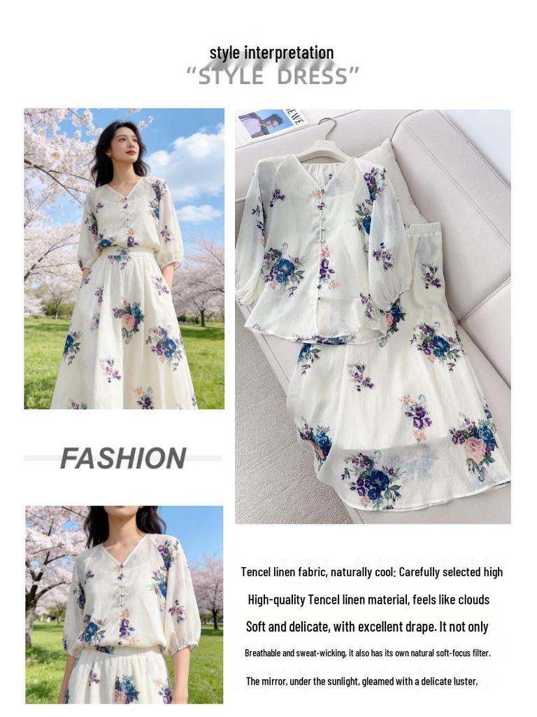 2026 Gentle Style Women's Floral Tencel Linen V-Neck Top & Skirt Set