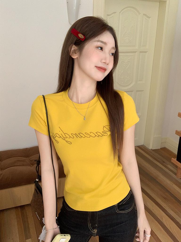 Yellow Front Shoulder Letter Hot Diamond Design Short-sleeved T-shirt Women's Summer Short Slim-fit Niche New Top