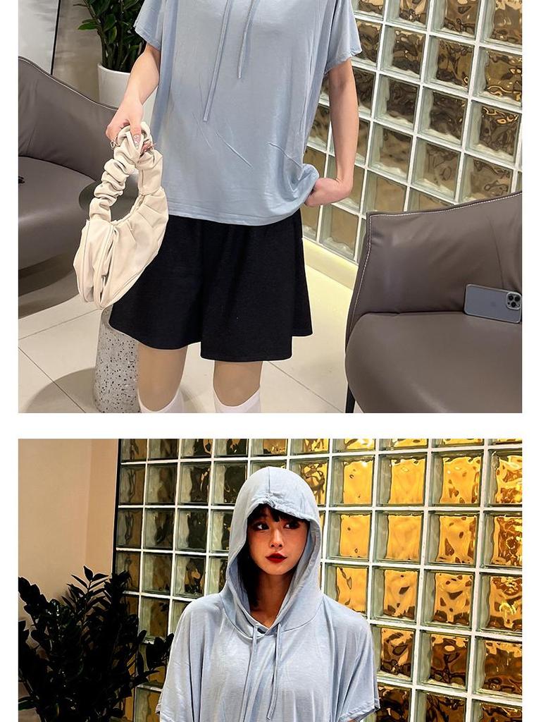 T-shirt à capuche manches courtes en modal pour femme Printemps/Été - Haut de base léger coupe ample