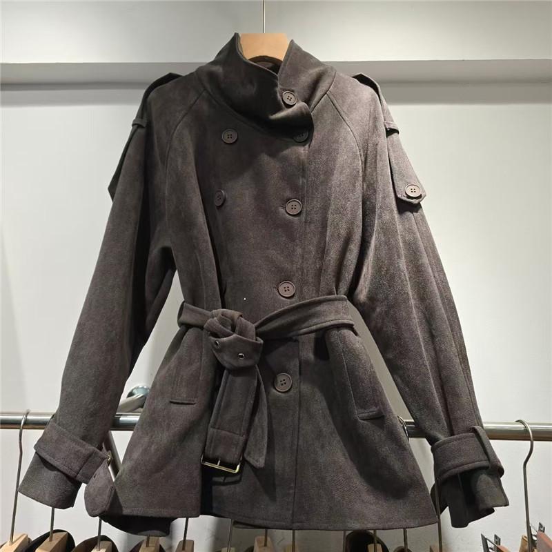Dark gray imitation suede short trench coat for women, stand-up collar double-breasted epaulet belt waist retro tooling short coat