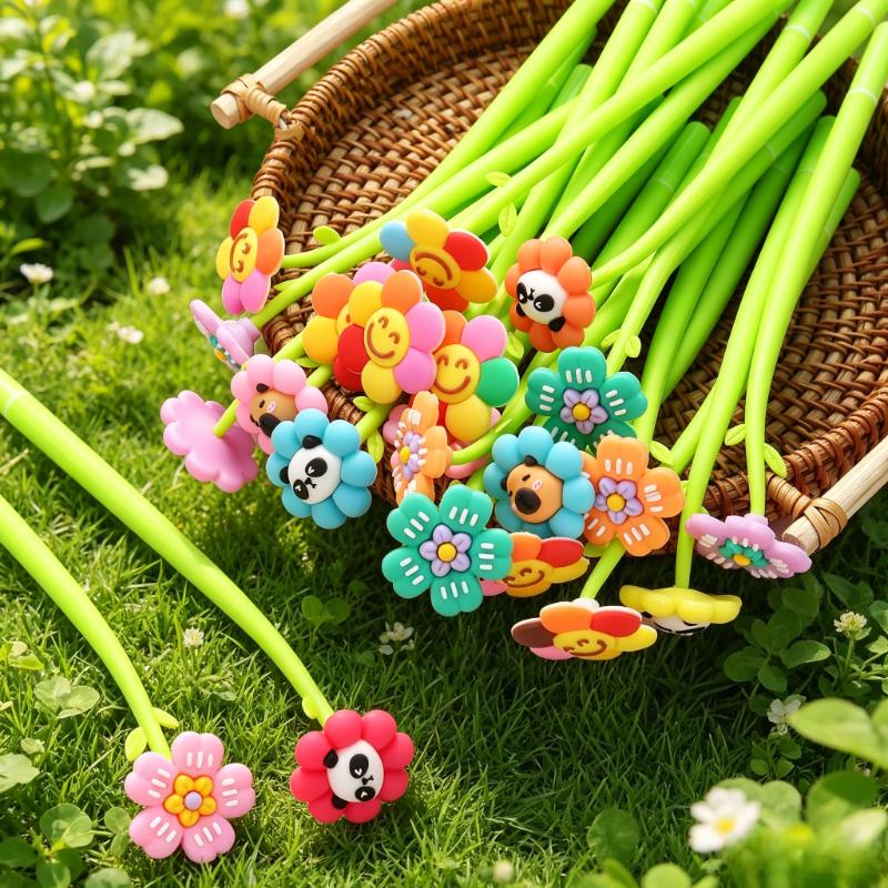 5pcs Flower Shaking Gel Pens with Cartoon Panda and Animal Toppers Soft Silicone Body Black Ink Pens for Office School Supplies