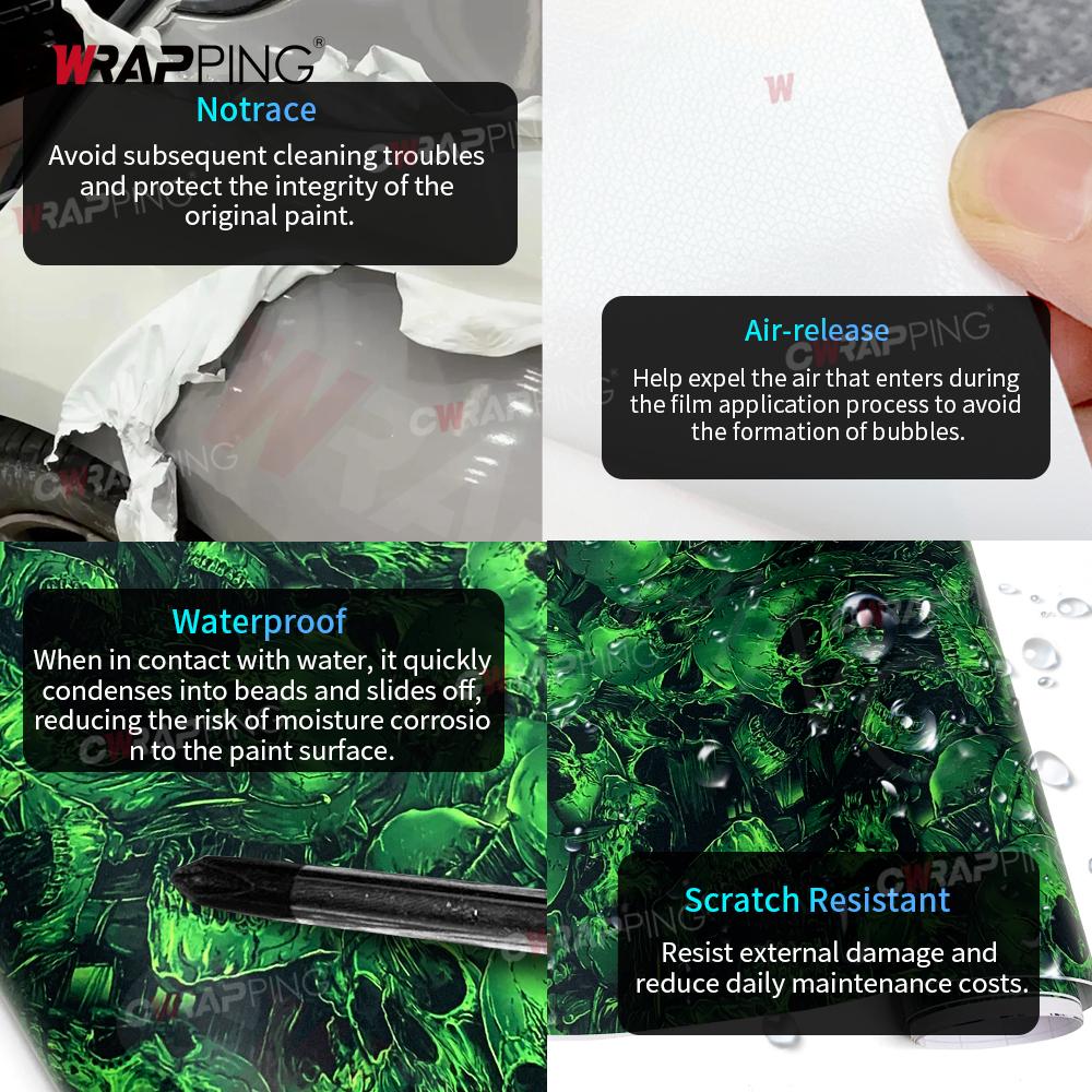 Car Wrap Vinyl Anti-Scratch Automotive Wrapping Green Skull Cartoon Printed Waterproof Wallpaper Sticker Tuning Auto Accessories