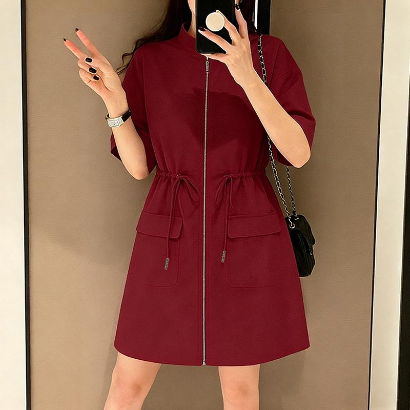 

ZANZEA Women Casual Stand Collar Summer Loose Short Sleeve Drawstring Dress 5XL вина червоного кольору