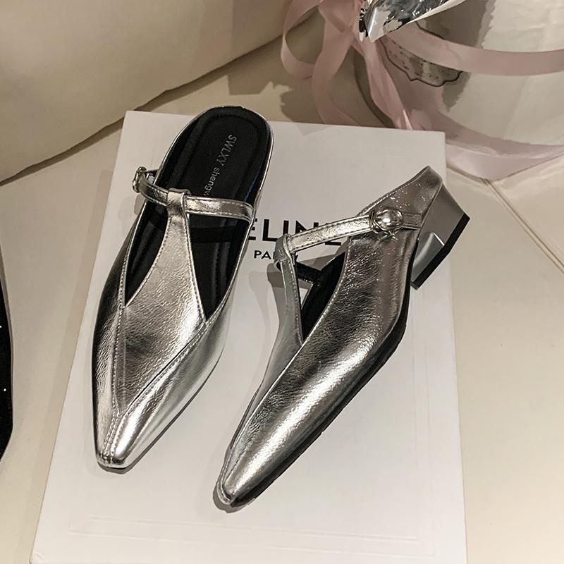 

Elegant Pointed Toe Women Slippers Fashion Mules Shoes Heeled Sandals 2025 Designer Slides Summer New Luxury Flip Flops Mujer 35 срібний
