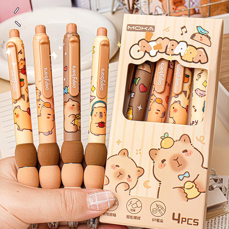 4 stuks Cartoon schattige Capybara uitwisbare gelpennen Kawaii snel drogend schrijven Soepele elegante neutrale pennen Esthetische briefpapier