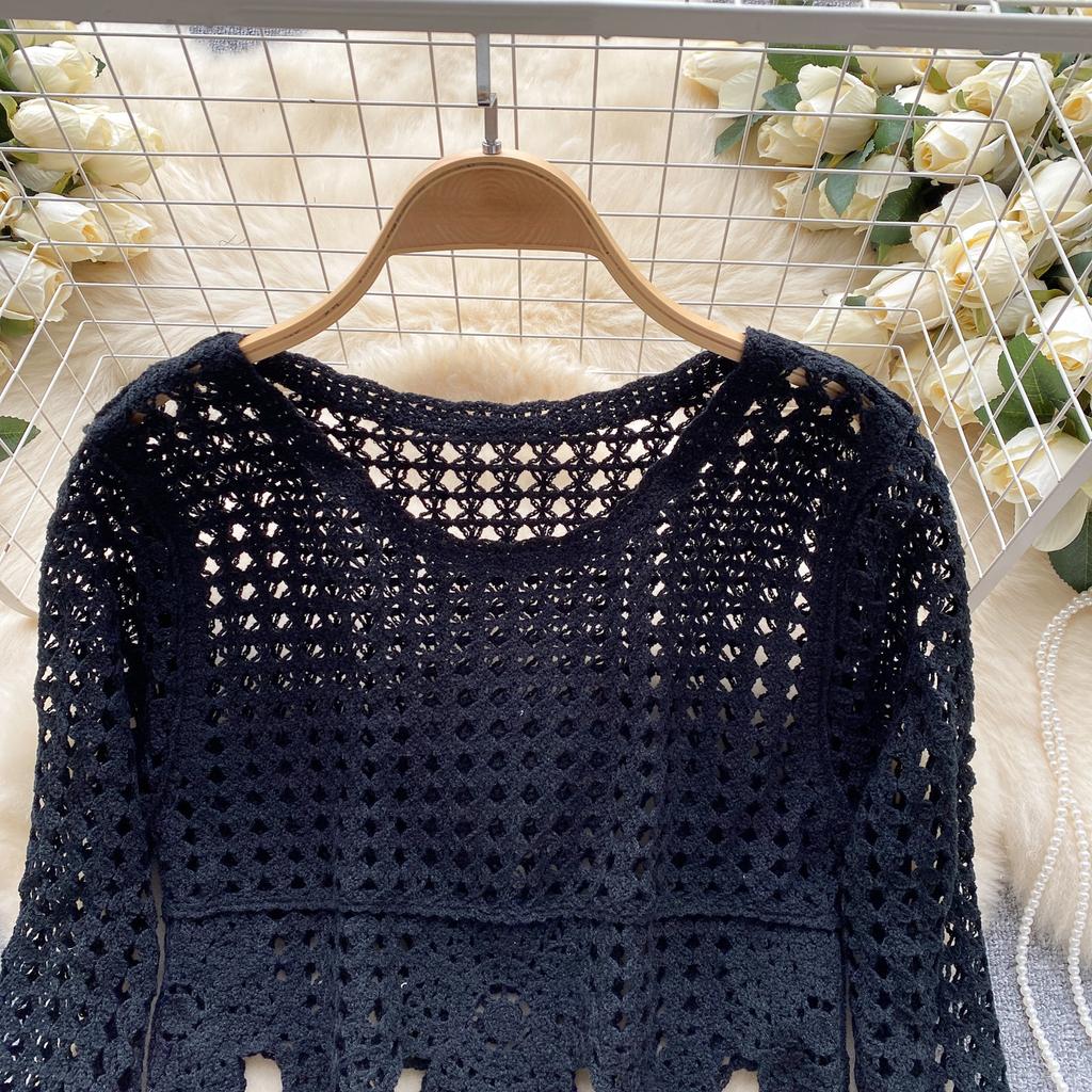 Summer Elegant Hollow Out Holiday Blouse Women O Neck Long SLeeves Embroidery Shirt Floral Solid Plaid Sheer Sexy Tops Beach Party