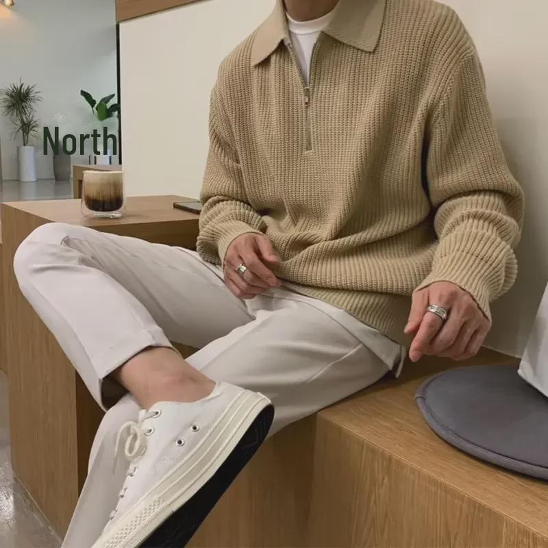 Pánsky ležérny sveter s klopou na polovičný zips - Japonský štýl, Jesenná/Zimná/Jarná móda, Voľný strih