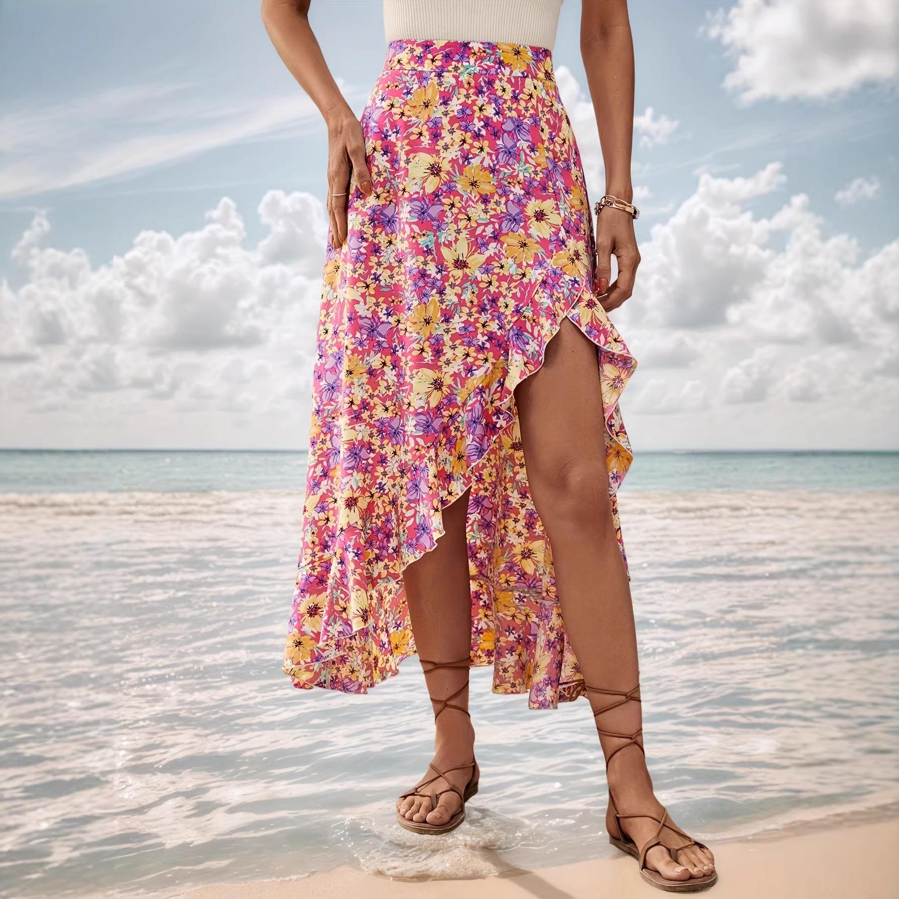 Summer strap split irregular ruffle edge small floral skirt women european and american code xs