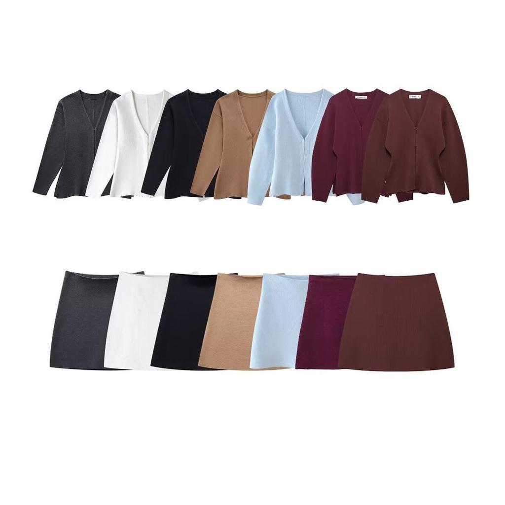 Summer 2024 Women's European & American Style Loose Sleeve Knitted Cardigan & Mini Skirt Set.