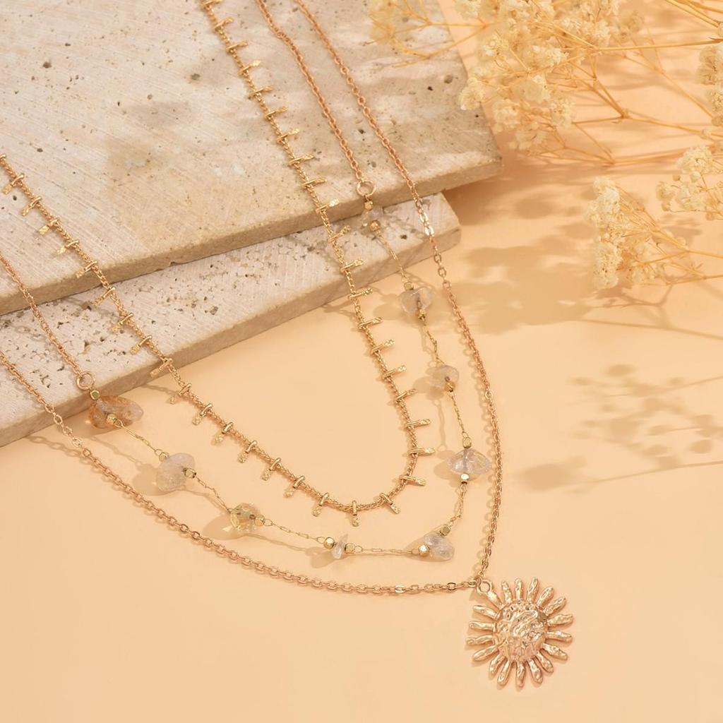 Elegant Sun Pendant Necklace - Layered Handmade Gravel Chain Style