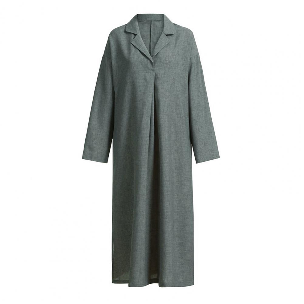 Autumn Spring Women Maxi Dress A-line Relaxed Fit Hem Long Sleeves V-Neck Pleated with Side Pockets Pullover Pure Color Daily Wear Dre