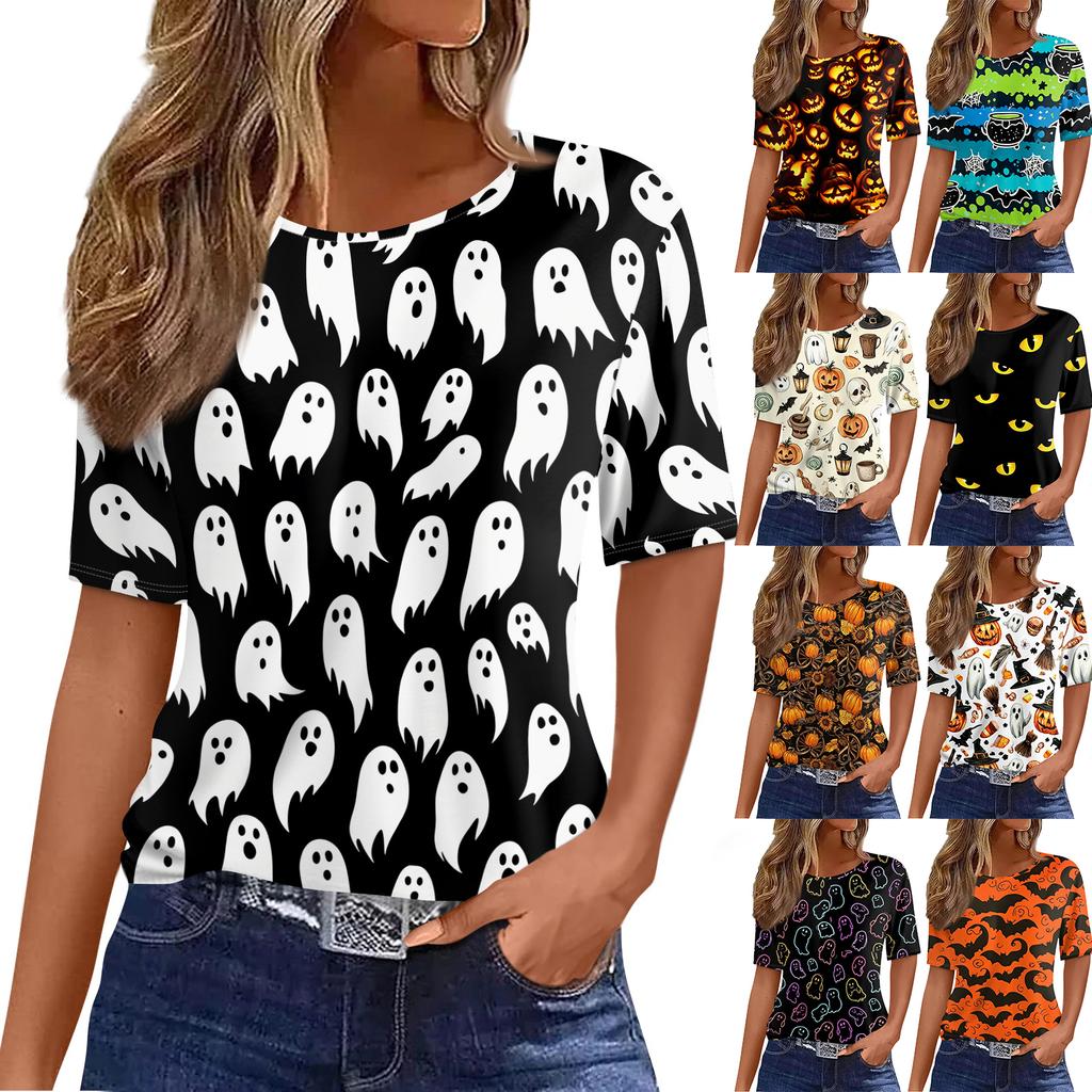 Women's Casual Short Sleeve Halloween Pullover Top with Bat and Pumpkin Print Round Neck Relaxed Fit Shirt for Fall Season