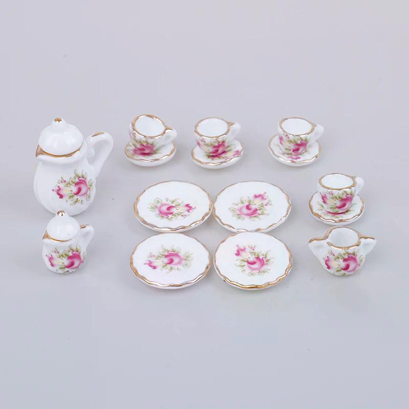 1:12 Dollhouse Tableware Kitchen Miniature 15pcs Porcelain Tea Cup Set For Doll Pretend Play And Kitchen Decor Props