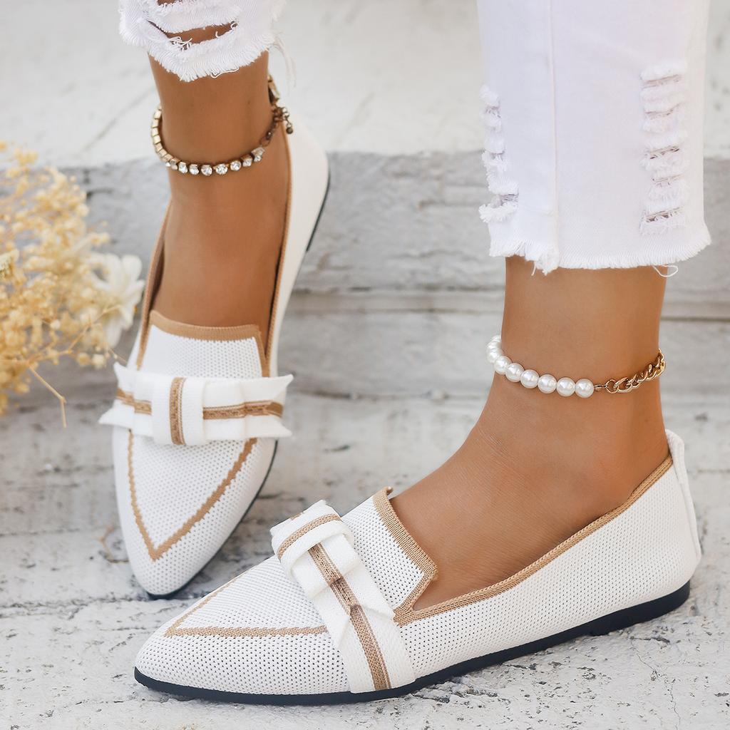 Bowknot Decor Women Loafers Breathable Knitted 2024 Autumn Soft Bottom Pointed Toe Slip On Ballet Flats Woman Solid Casual Shoes
