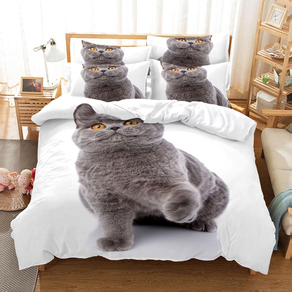 3D-Tier-Bettwäsche-Set, niedliche Katze oder Hund, Daunen-Bettbezug DE135 * 200, luxuriöser Bettbezug in voller Größe, weißer Jugend-Bettbezug