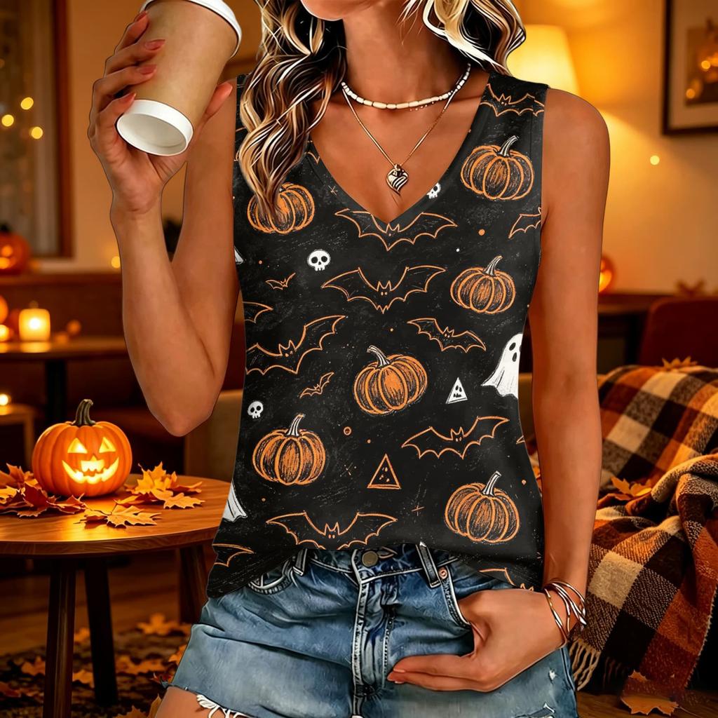 Women's V-Neck Halloween Print Tunic Top for Casual Party Wear