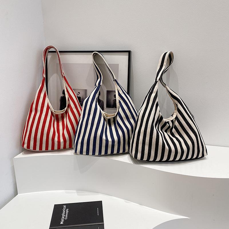 Canvas Bag Women's Large Capacity 2025 New Autumn Leisure Shoulder Shopping Bag Striped Class Tote Bag