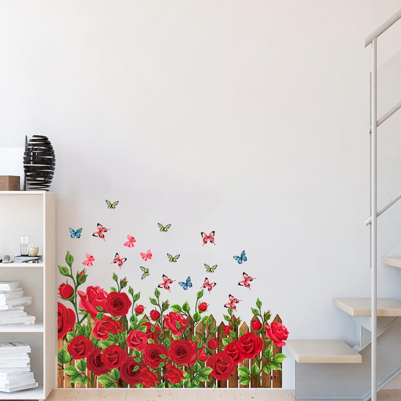 Romantic Red Roses and Butterflies Wall Stickers with Green Plants for Bedroom Entrance Hallway Home Decor