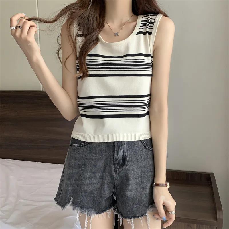 

WTEMPO Женские ретро-майки большого размера в полоску, повседневные универсальные жилеты-майки, женские трикотажные майки без рукавов на весну и лето One Size абрикосовый